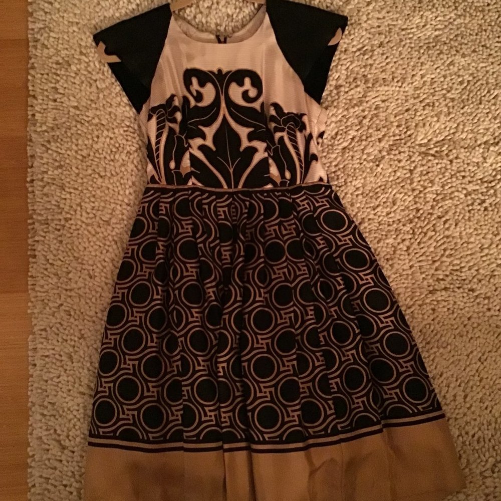 Tracy Reese 100% Silk A-line Geometric Damask Dress, Black & Gold, Size Zero